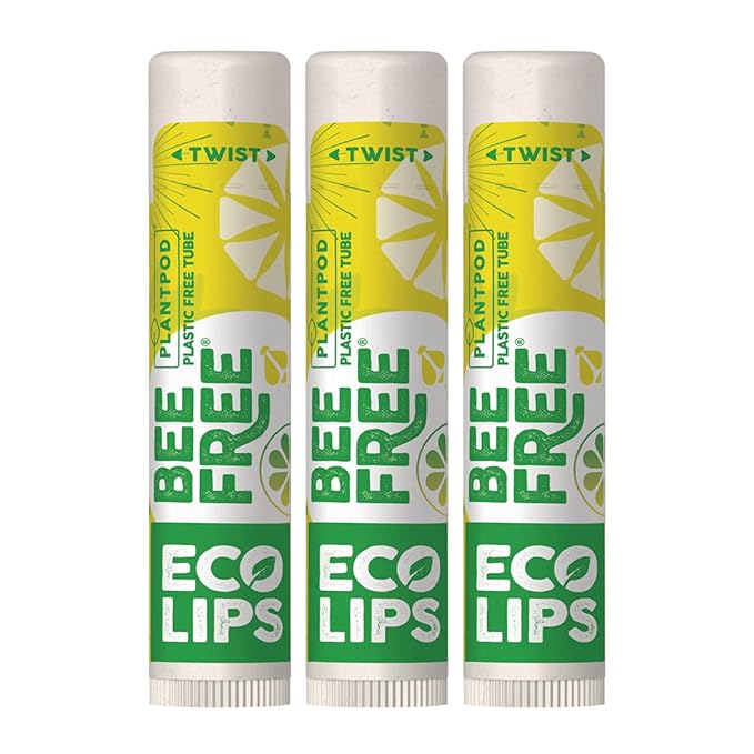 Vegan Lip Balm Lemon Lime Flavor 3 Pack - Bee Free with Candelilla Wax, Cocoa Butter & Coconut Oil Lip Care. Soothe & Moisturize Dry, Chapped Lips - 100% Plastic-Free Plant Pod Packaging - Made in USA-VivaGrace Women