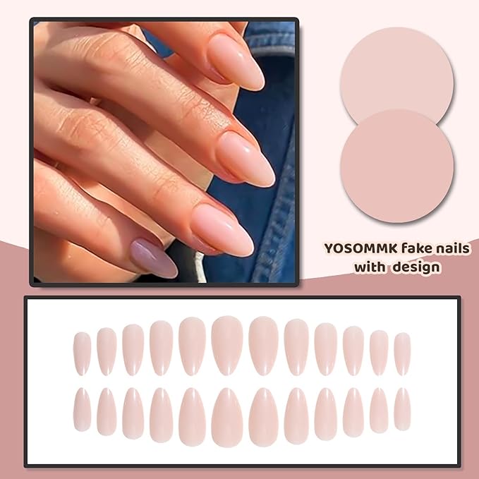 Nude Pink Press on Nails Almond Medium Fake Nails Glossy Stick on Nails with Designs Natural Pure False Nails Glue on Acrylic Nails for Women and Girls