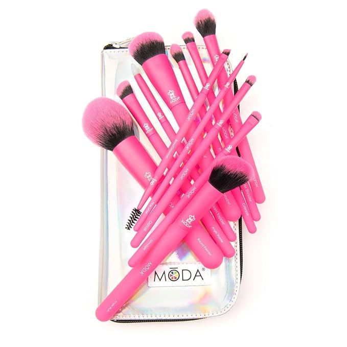 MODA Totally Electric Neon Full Face Makeup Brush Kit – 13pc Vibrant Brush Set for Face & Eyes with Zip Case (Neon Pink)-VivaGrace Women