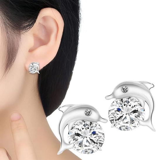 Silver Dolphin CZ Earrings Cute Animal Stud Earrings Tiny Earring Jackets Gifts for Women and Girls-VivaGrace Women