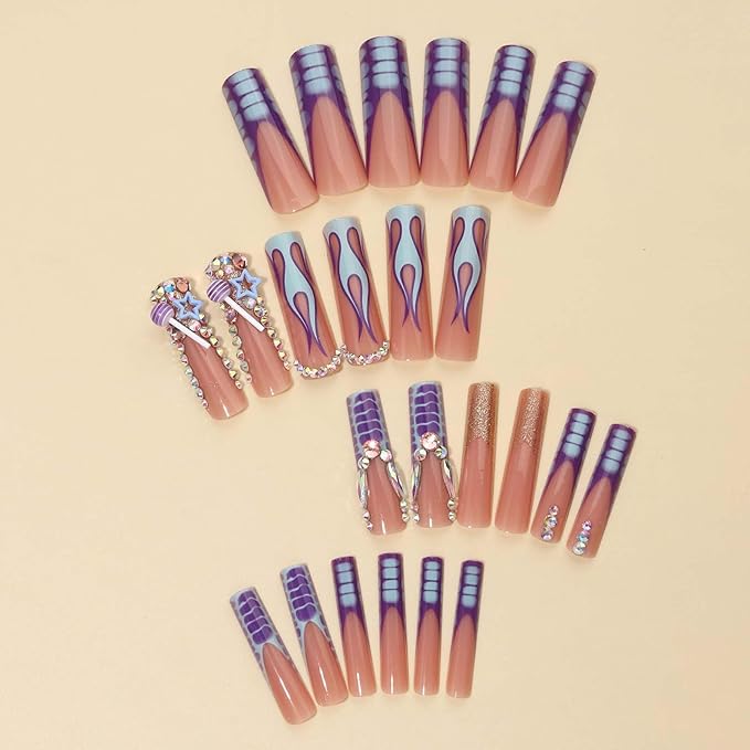 Press on Nails Long Square Purple Fake Nails with Design Full Cover Nails (Purple)