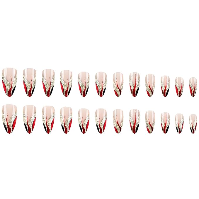 Press on Nails for Women,Almond Press on Nails French Tip Fake Nails Medium False Nails with Gold Glitter Designs Full Cover Glue on Nails Sparkly Artificial Nails Cute Stick on Nails 24Pcs