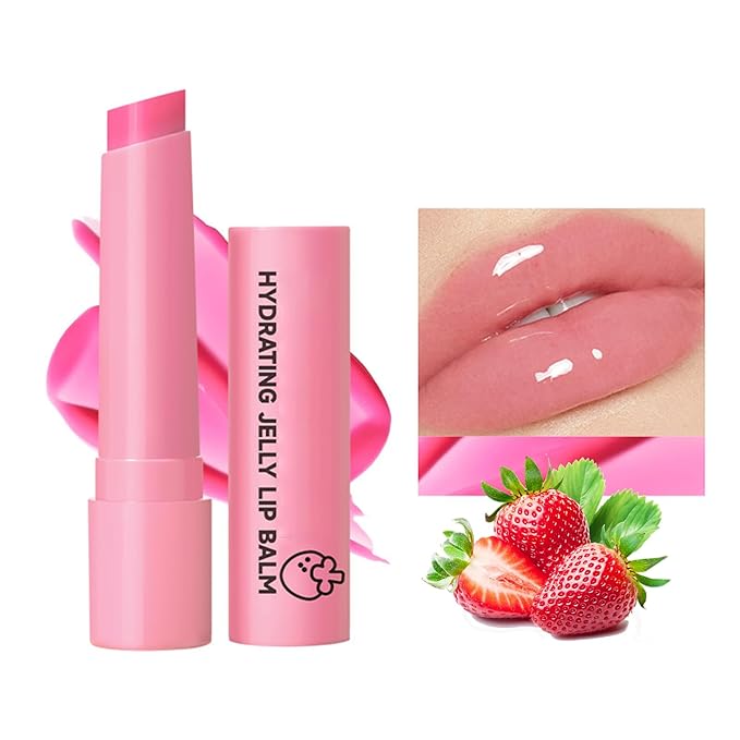 Hydrating Jelly Balm,Tinted Moisturizing Lip Balm For Dry Lips,Instantly Hydrate Lips Conditioning & Nourishing Lip Care Lip Moisturizer Fruit Lip Oil Lip Shine Jelly Lipstick(Strawberry)-VivaGrace Women