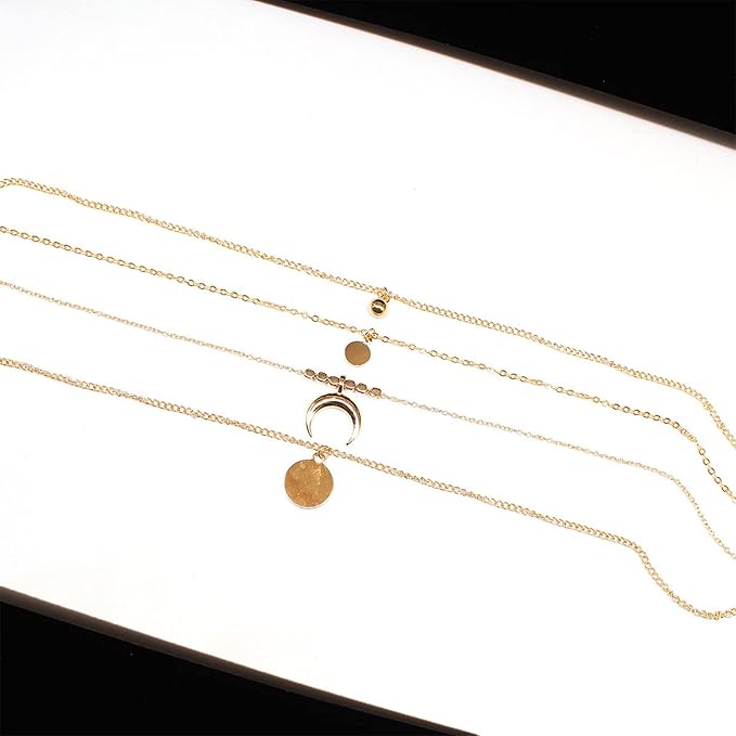 Bohemia Layered Coin Choker Necklace Moon Crescent Pendant Necklace Chain Gold Tiny Ball Necklace Multi Layer Disc Necklace Chain Jewelry for Women and Girls-VivaGrace Women