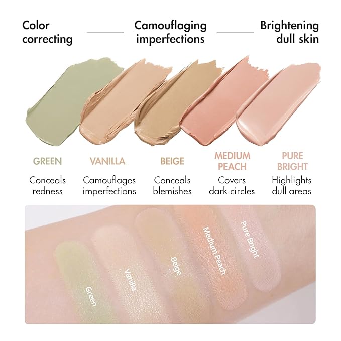 LUNA Conceal Blender Palette 5-in-1 Color Correcting and Concealing Makeup with Beige, Green, Vanila, Medium Peach and Pure Bright Buildable Coverage for Redness, Dark Circles and Blemishes-VivaGrace Women