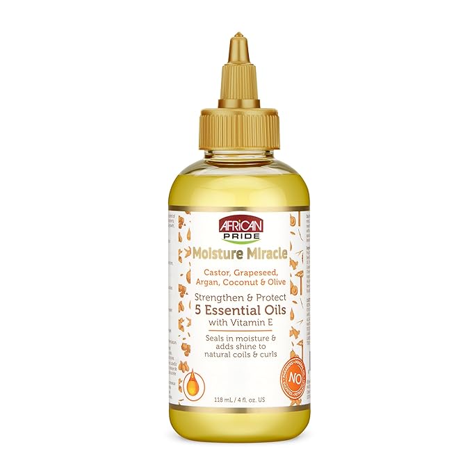 African Pride Moisture Miracle 5 Essential Hair Oils with Vitamin E | Moisture, Shine, Protection, and Growth | Argan, Castor, Grapeseed, Coconut, and Olive Oil | 4 oz-VivaGrace Women
