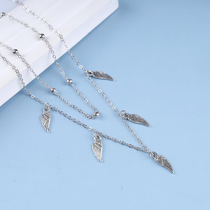Vintage Layered Wing Dangle Necklace Angel Wing Pendant Necklace Tiny Wing Choker Necklace Silver Angel Wing Necklace Jewelry for Women-VivaGrace Women