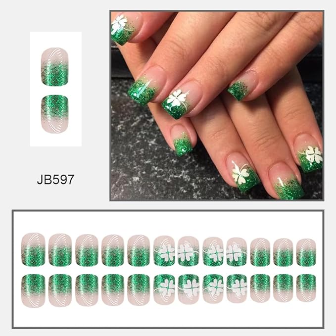 St. Patrick's Press on Nails Clover Short Square Fake Nails Green French Tip False Nails Green Glitter Acrylic Nails Nude Pink Stick on Nails St. Patrick's Glue on Nails for Women