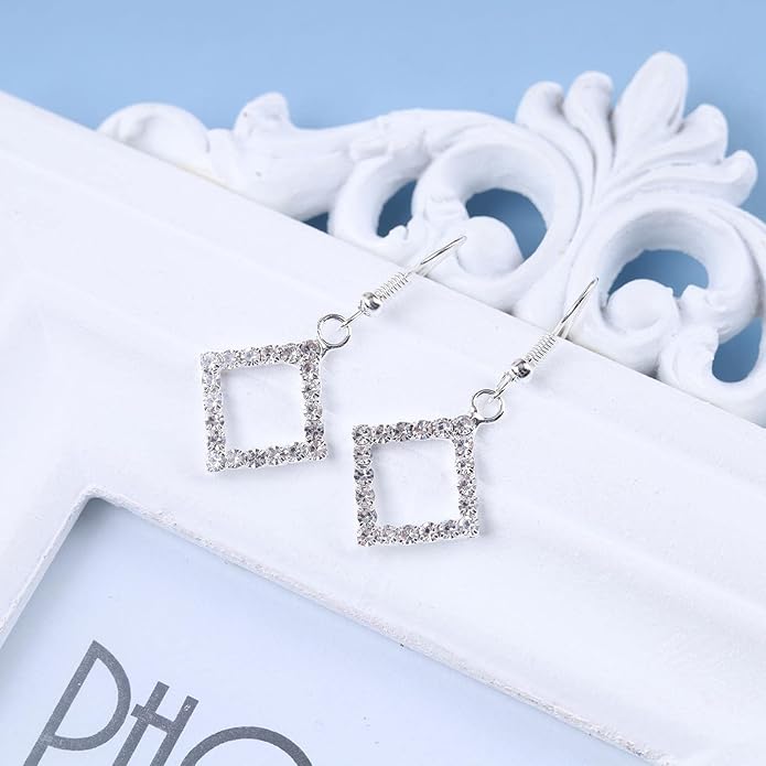 Vintage Crystal Square Drop Earrings Rhinestone Square Dangle Earrings Hollow Square Hook Earrings Silver Sparkly Cz Square Earrings Jewelry for Women-VivaGrace Women