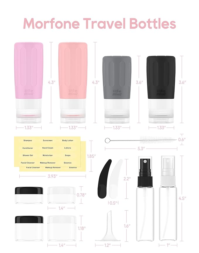 Morfone 16 Pack Silicone Travel Bottles Set for Toiletries TSA Approved Travel Containers Leakproof Squeezable Refillable Accessories 2oz 3oz for Shampoo Conditioner Lotion Liquids (Black Pink)-VivaGrace Women