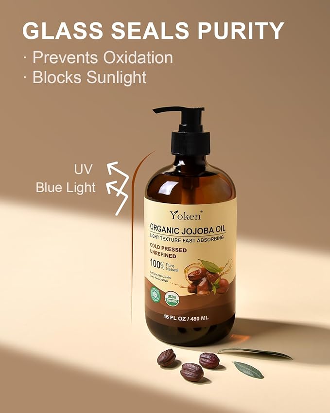Yoken Organic Jojoba Oil Glass Bottle 16 fl oz, USDA Certified 100% Pure & Natural Jojoba Oil for Hair, Skin & Face, Cold Pressed Unrefined Hexane Free, Deeply Moisturizing Body Serum for Gua Sha-VivaGrace Women