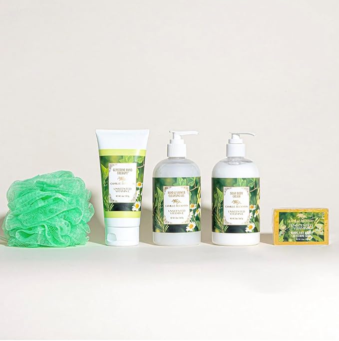 Camille Beckman Essentials Gift Basket, Vitamin E Unscented, Glycerine Hand Therapy 6 oz, Silky Body Cream 13 oz, Hand and Shower Cleansing Gel 13 oz, Glycerine Soap 3.5 oz-VivaGrace Women