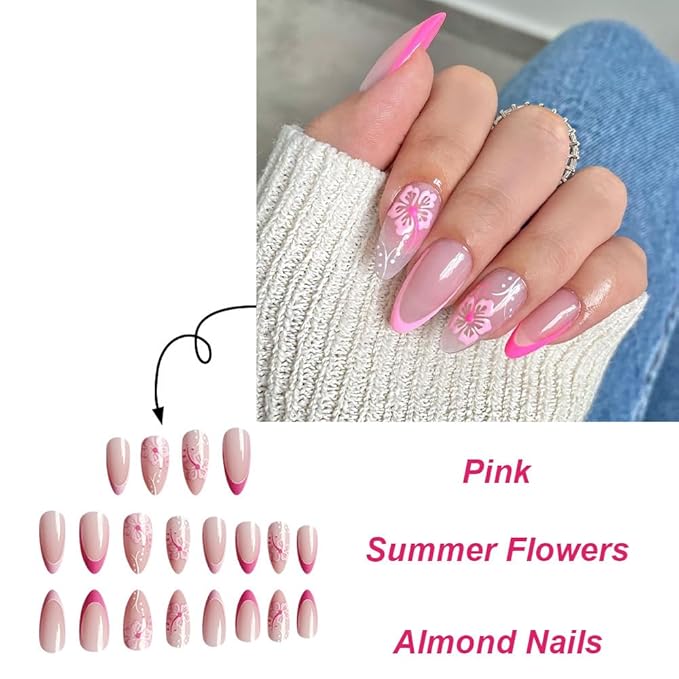 Pink French tips Press on Nails Medium Almond Fake Nails with Design Pink Flower Glue on Nails Glossy Spring Nails Reusable Summer False Nails for Women Girls Manicure 24pcs
