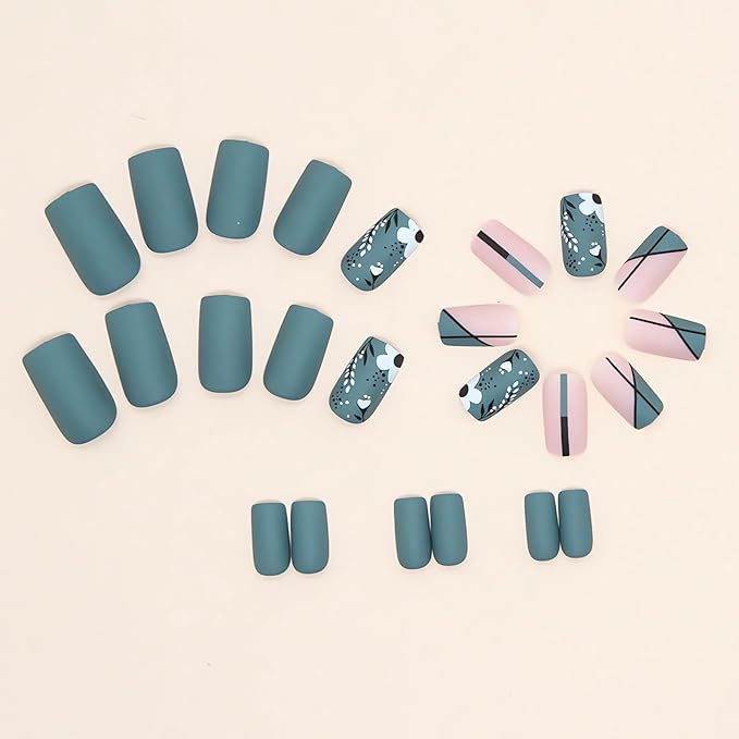 24Pcs Square Press on Nails Medium Fake Nails Summer Stick on Nails Olive Green Color Refreshing False Nails with Flower Designs Cute Acrylic Nails Glue on Nails for Women & Girls