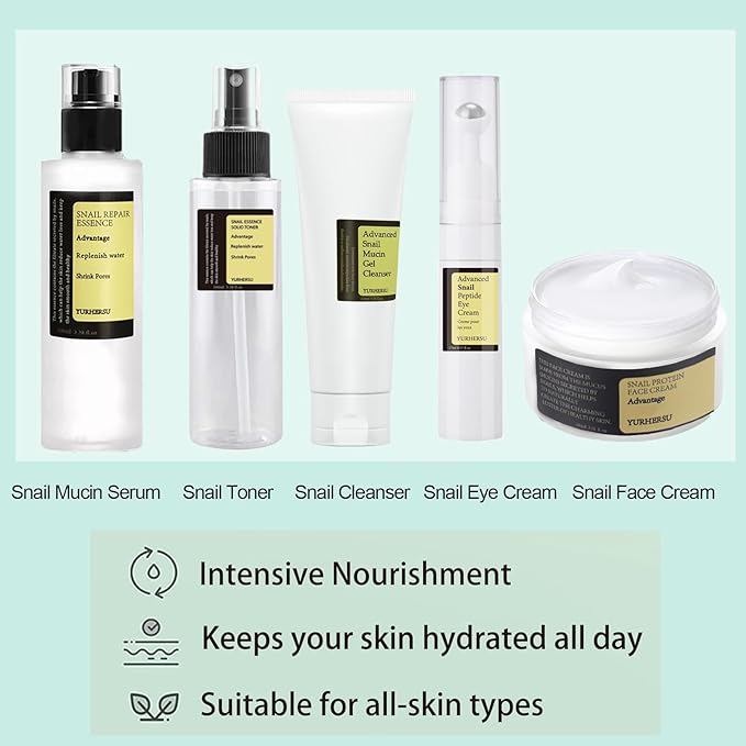 All About Snail Mucin Kit - Snail Korean Skincare 5-Pack, Snail Skin Care Products Set: Face Gel Cleanser, Essence, Cream, Toner & Eye-Cream, Facial Kit for Women and Men Hydrating & Anti-Aging-VivaGrace Women