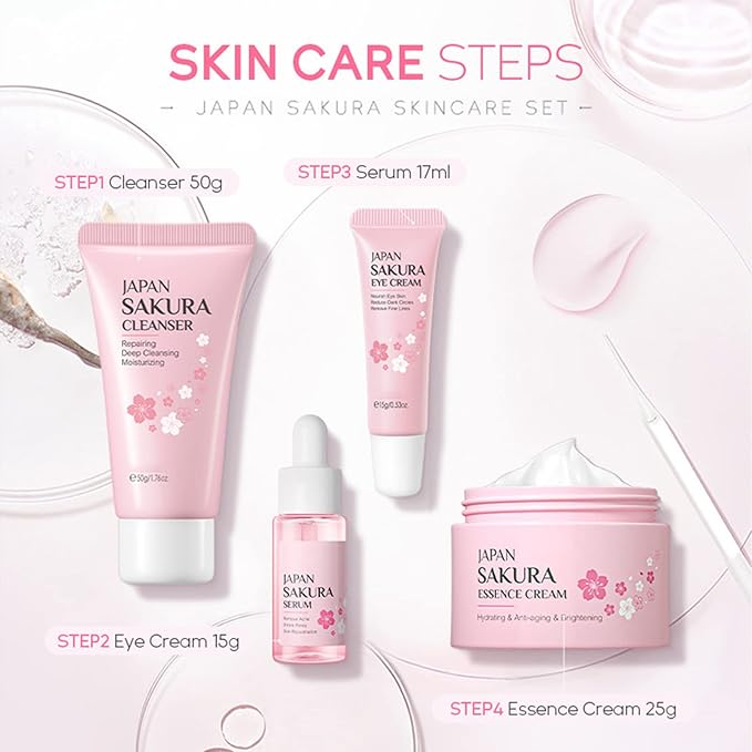 Skin Care Set - Sakura Skin Care Sets & Kits - Women Gift Sets with Cleanser,Serum,Eye Cream,essence Cream - Beauty Products For Women - Skin Care Routine Travel Kit (SetB)-VivaGrace Women