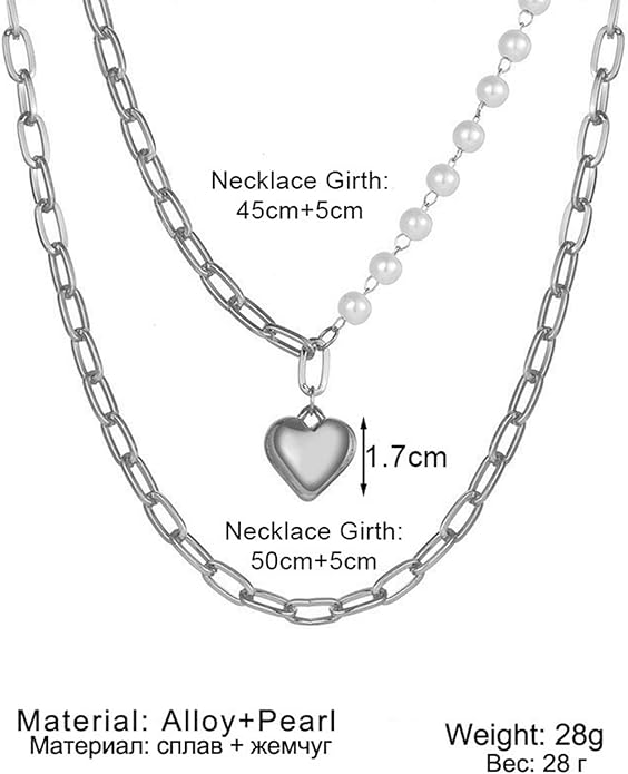 Boho Layered Pearl Choker Necklace Chain Vintage Gold Heart Pendant Cuban Chain Necklace Rock Statement Pearl Heart Necklace Asymmetrical Pearl Strand Necklace Jewelry for Women and Girls-VivaGrace Women