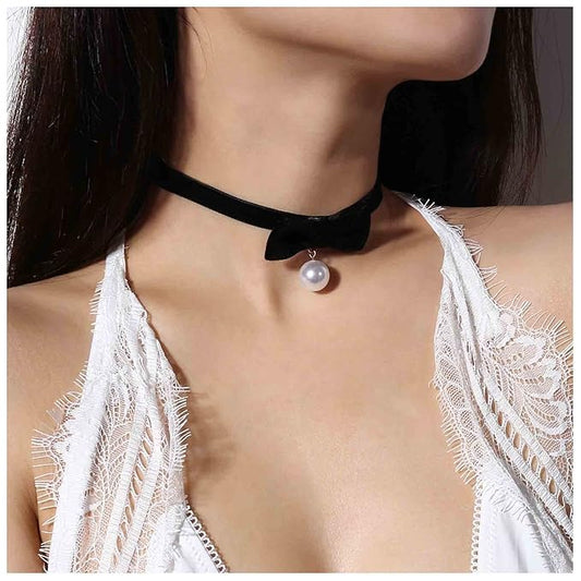Vintage Satin Choker Necklace Pearl Pendant Necklace Black Bow Necklace Punk Leather Collar Necklace Chain Jewelry for Women and Girls-VivaGrace Women