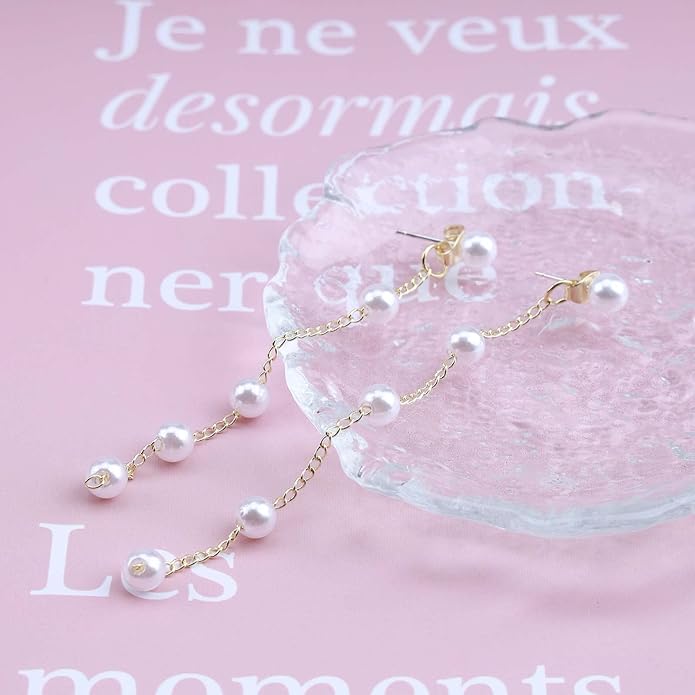 Boho Pearl Drop Earrings Long Pearl Tassel Earrings Gold Pearl Chain Earrings Vintage Pearl Stud Earrings Jewelry for Women-VivaGrace Women