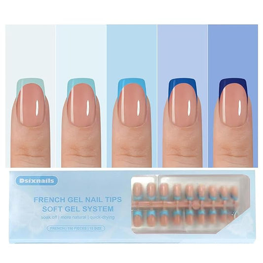 Blue Short French Tip Press on Nails, 150pcs Square French Gel Nail Tips 15Sizes, 3 in 1 Pre-lasting Soak Off Acrylic Fake Nails, No Need to File False Nail Tips Extension for Women Nails