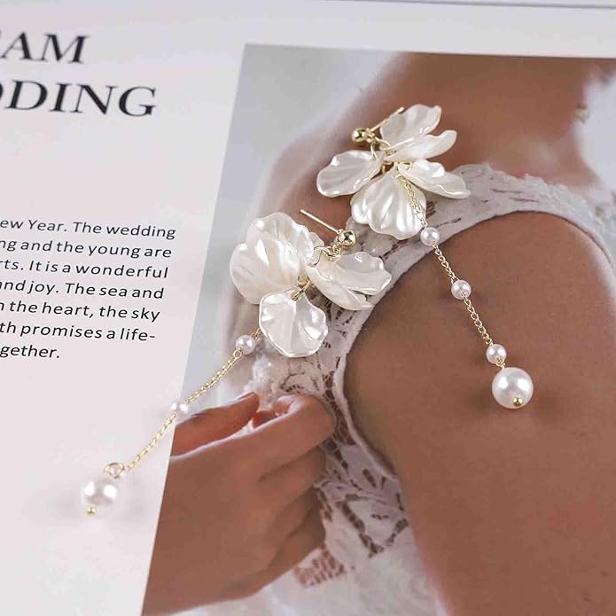 Vintage Pearl Flower Drop Earrings Long Pearl Chain Earrings Gold Pearl Tassel Earrings White Flower Dangle Earrings Jewelry for Women-VivaGrace Women
