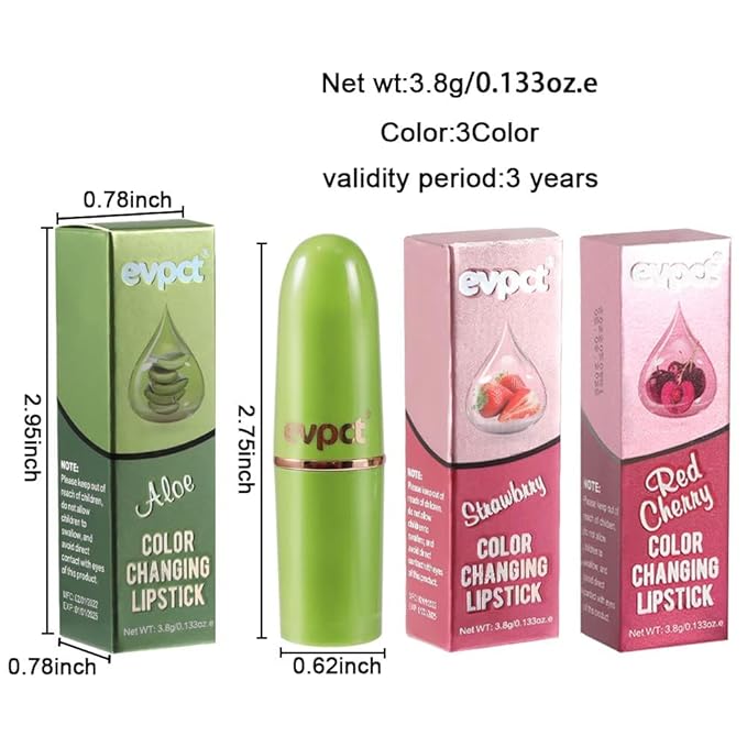 evpct 3Pcs Magic Color Changing Lipstick 24 Hours Original for Women Lasting Waterproof, Aloe Vera Strawberry Black Red Cherry PH Mood Permanent Hardpointing color changing Lipstick Tinted Lip balms-VivaGrace Women