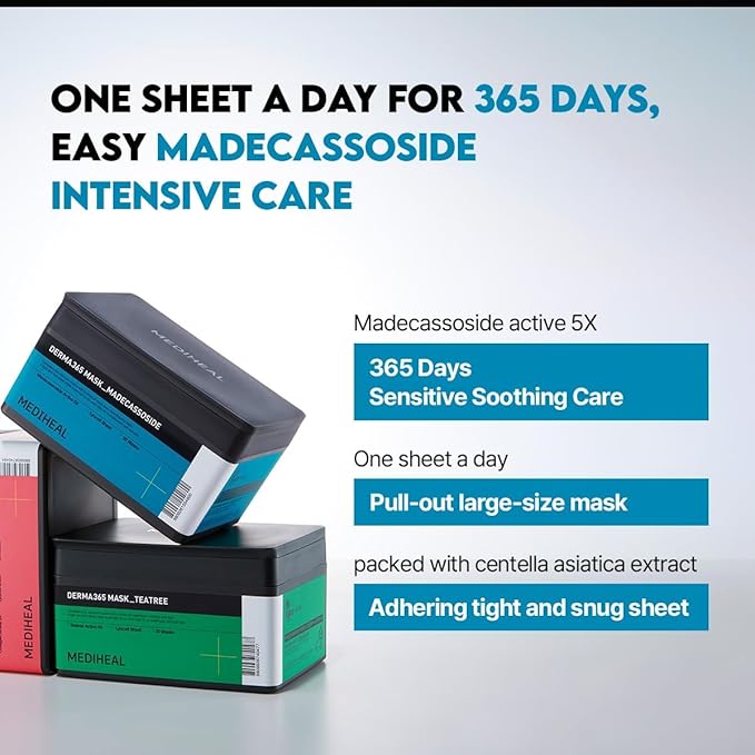 Mediheal Derma 365 Madecassoside Mask (30 Masks) - Daily Skin Care Mask for Deeply Comforting and Calming Skin with Madecassoside-VivaGrace Women