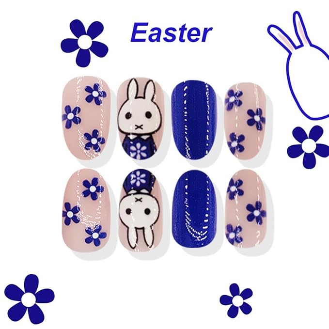 Easter Press on Nails Blue Medium Almond Fake Nails with Bunny Design Cute Rabbit Nails Press ons, Flower False Nails Glossy Reusable Spring Nails for Women Girls Manicure 24pcs