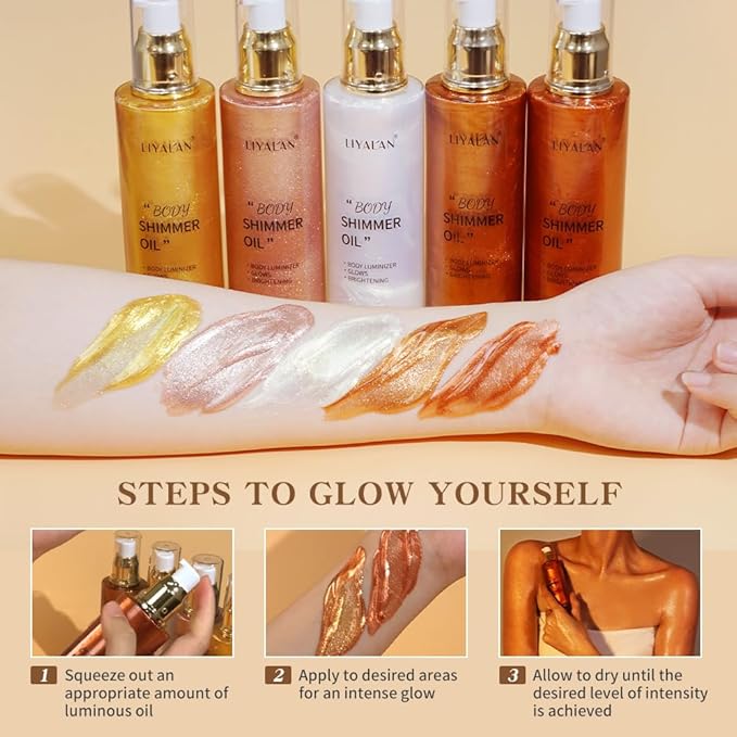 Liyalan Shimmer Body Oil Rose Gold 5 Color Bronze Face Glow Pearl Highlighter Illuminator body Makeup Shine Glitter Gold Liquid Taning 3.38 Fl Oz-VivaGrace Women