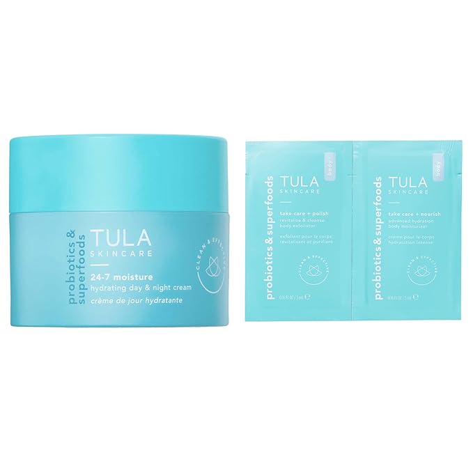 TULA Skin Care 24-7 Hydrating Day & Night Cream + Body Moisturizer/Exfoliator Packette - Anti-Aging Moisturizer for Face, Contains Watermelon & Blueberry Extract, 1.5 oz.-VivaGrace Women