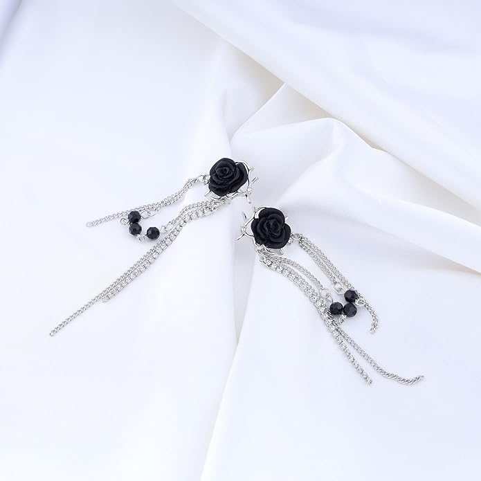 Punk Black Rose Flower Earring Long Rhinestone Chain Drop Earrings Silver Cz Tassel Chain Earrings Black Rose Flower Ear Cuff Earring Jewelry for Women-VivaGrace Women