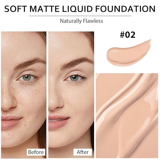 2 Pack Liquid Foundation Cream with Foundation Brush for Face Makeup,Durable Full Coverage Matte Concealer Make Up,Oil Control & Waterproof Base Primer -1 Fl.Oz (#02)-VivaGrace Women