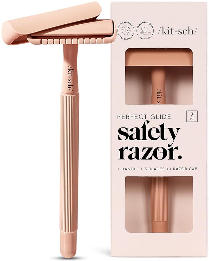 Kitsch Double Edge Safety Razors for Women and Men, Long Metal Handle and Stainless Steel Single Blade Razor with 5 Double Edge Refills, for Shaving and Travel Essentials - Terracotta-VivaGrace Women