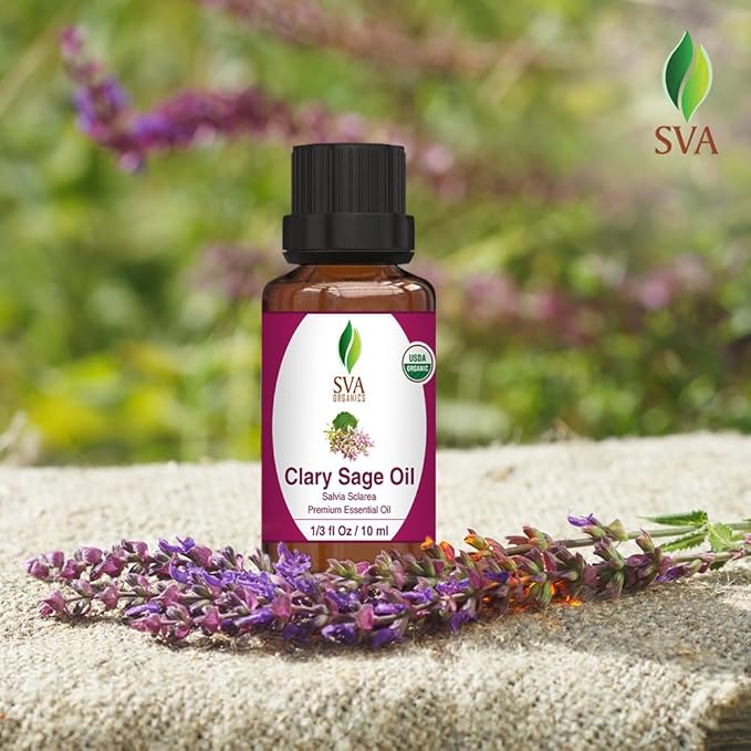 SVA Clary Sage Essential Oil Organic – 1/3 Fl Oz – 100% Natural Organic Clary Sage Oil - for Diffuser, Hair Care, Face, Skin Care, Aromatherapy, Scalp and Body Massage, Soap and Candle Making-VivaGrace Women