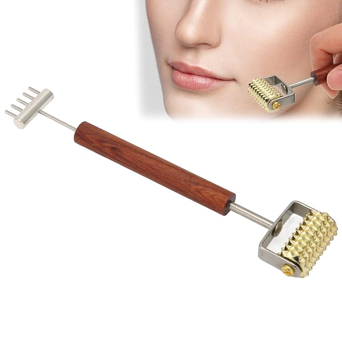 Double Head Design Face Massage Roller, Copper Wooden Handle Promote Circulation Double Head Skin Roller Massage Stick Copper Acupoint Pressing Tool-VivaGrace Women