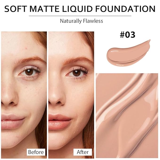 2 Pack Liquid Foundation Cream with Foundation Brush for Face Makeup,Durable Full Coverage Matte Concealer Make Up,Oil Control & Waterproof Base Primer -1 Fl.Oz (#03)-VivaGrace Women