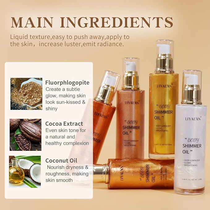 Liyalan Shimmer Body Oil Bronze Gold 5 Color Bronze 3.38 Fl Oz Face Glow Pearl Highlighter Illuminator body Makeup Shine Glitter Gold Liquid Taning-VivaGrace Women