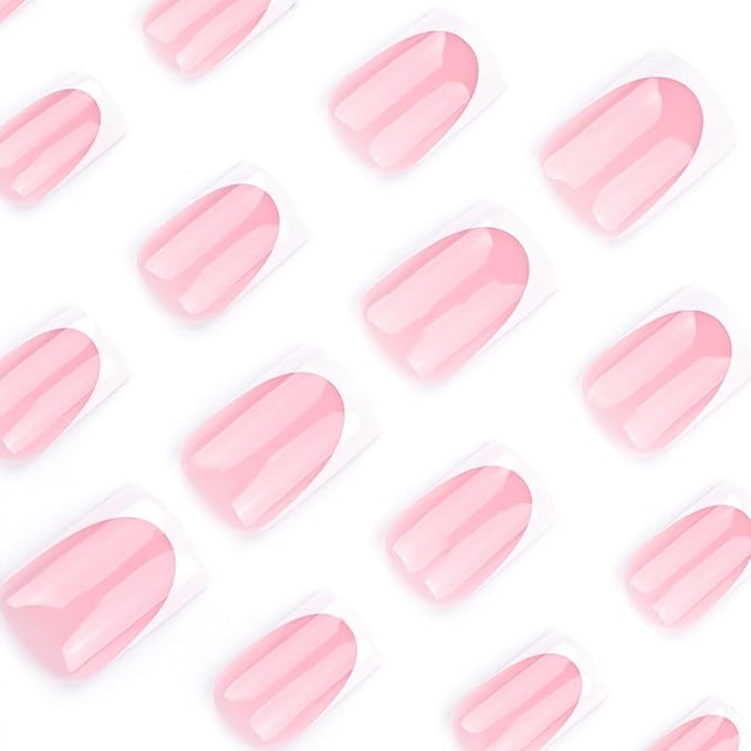 24Pcs French Short Press on Nails with Jelly Glue White French Tip Press On Acrylic Nails Nude Pink False Nail Tips Reusable Cute Finger Manicure Decorations for Women