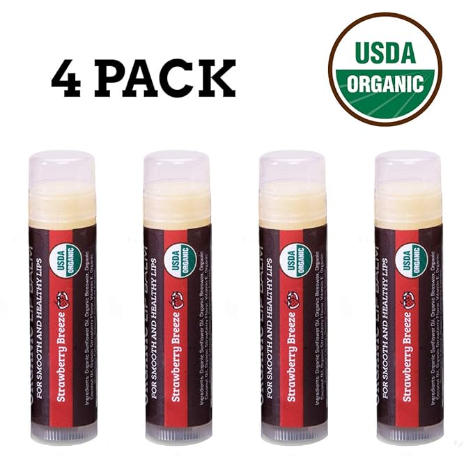 USDA Organic Lip Balm 4-Pack by Earth's Daughter - Strawberry Flavor, Beeswax, Coconut Oil, Vitamin E - Best Lip Repair Chapstick for Dry Cracked Lips.-VivaGrace Women