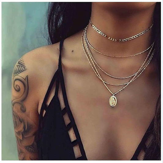 Boho Layered Oval Coin Necklace Choker Gold Virgin Mary Necklace Figaro Chain Necklace Vintage Multilayer Necklace Chain Jewelry for Women and Girls-VivaGrace Women