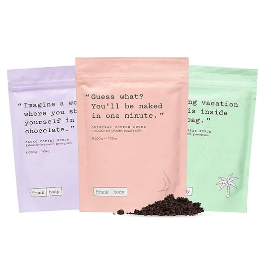 Frank Body Scrub Variety Pack | Natural, Vegan, Cruelty Free Exfoliating Body Scrub | Includes Original Coffee, Cacao, & Coconut Coffee Scrubs | 3 x 7.05 oz / 200 g-VivaGrace Women