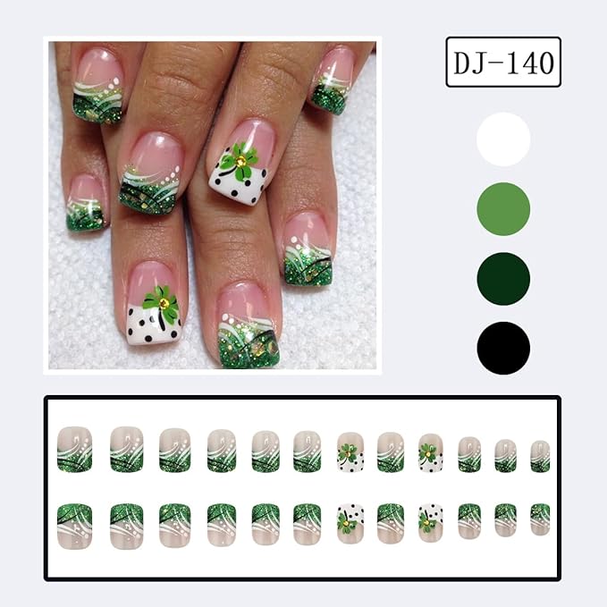 24Pcs Green Glitter French Tip Press on Nails Short Square Fake Nails Clover St. Patrick's False Nails for Women Spot Nude Pink Artificial Nails Full Cover Stick on Nails Glue on Nails