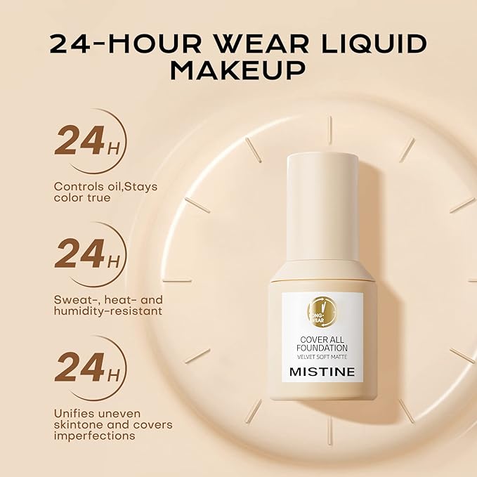 MISTINE Full Coverage Foundation Makeup for Oily Skin,24 Hour Oil Control Liquid Foundation,Skin-Caring,Moisturizing Formula,Cream Foundation,Matte Finish,Nude,1 Fl Oz-VivaGrace Women