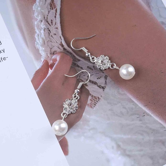 Vintage Rhinestone Pearl Drop Earrings Crystal Flower Dangle Earrings Silver Pearl Earring Cz Flower Hook Earrings Jewelry for Women-VivaGrace Women