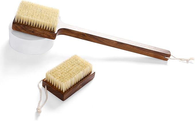 Luxury Natural Walnut Wood Boar Bristle Body Brush | Exfoliating & Detoxifying for All Skin Type | Sweeps Away Dead Skin Cells for Luminous, Smooth Skin | for Wet and Dry Use (Body Brush Set)-VivaGrace Women
