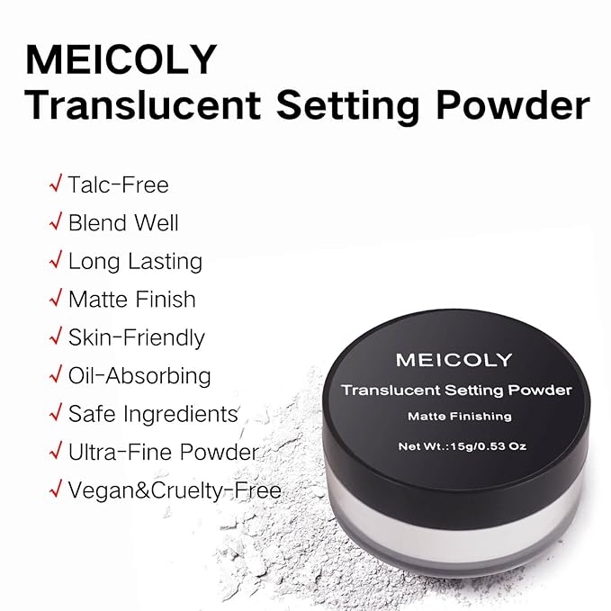 MEICOLY Talc-Free Setting Powder with Sifter,Long Lasting Loose Face Powder,Translucent Powder Colorset Powder,Matte Finishing White Face Paint Setting Powder for Halloween SFX Makeup,Oil Control-VivaGrace Women