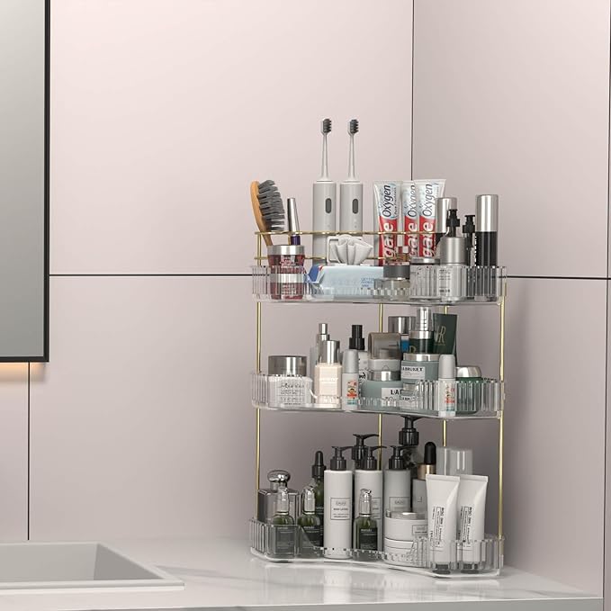 Makeup Organizer Countertop 3 Tier, Corner Bathroom Countertop Organizer with Toothbrush and Makeup Brush Holder, Corner Vanity Tray for Skincare Organization-VivaGrace Women