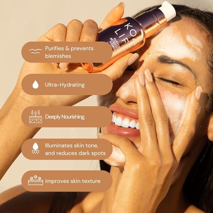 KOA LIFE Daily Gentle Peptide Facial Cleanser. Hydrates and anti-ages. In a metallic copper glass pump bottle and metallic copper outer cylinder carton