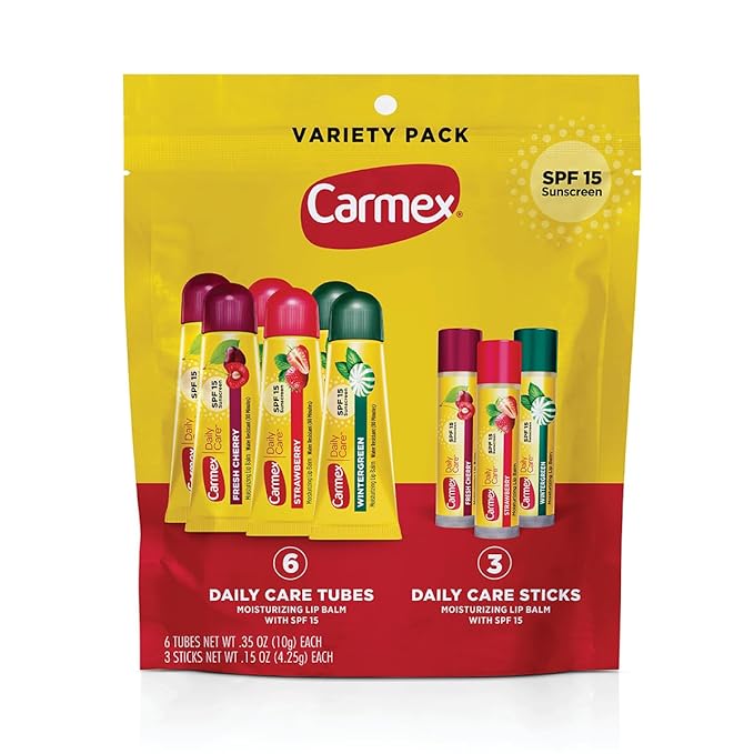 Carmex Daily Care Moisturizing Lip Balm Pack, SPF 15, Multi-Flavor Lip Care Variety Pack Bag, 9 Count (6 Tubes, 3 Sticks)-VivaGrace Women