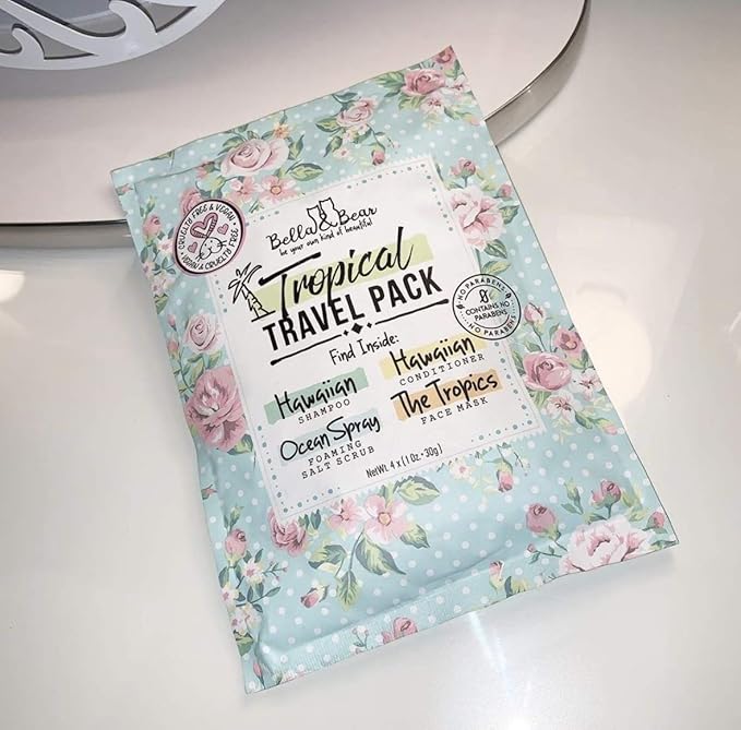 Bella & Bear Tropical Travel Pack, Self Care Kit, Includes Cruelty Free Shampoo, Conditioner, Body Scrub, Face Mask,1oz, Pack of 4-VivaGrace Women